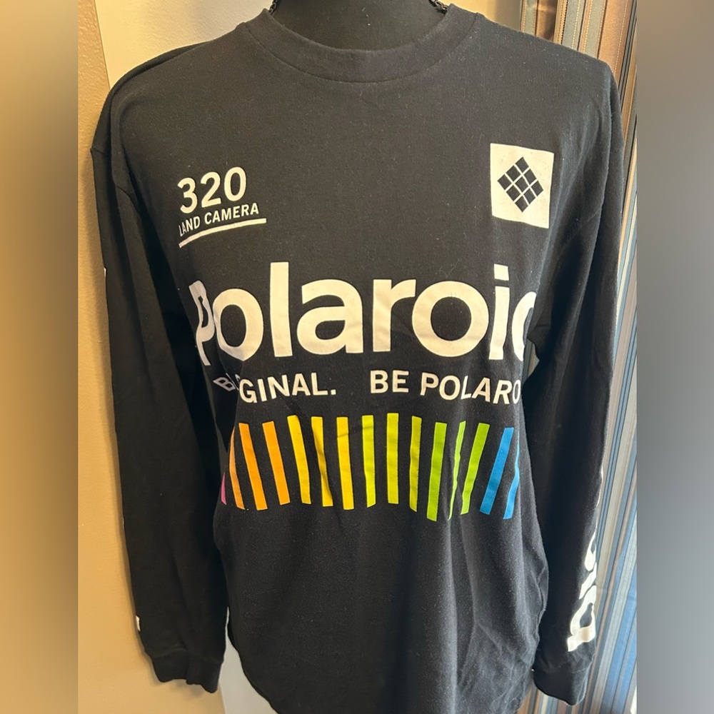 Polaroid Black Long Sleeve Tee with Multicolor Stripe Logo